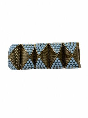 Vintage Antique Brass & Light Blue Beaded Statement Stretch Bracelet